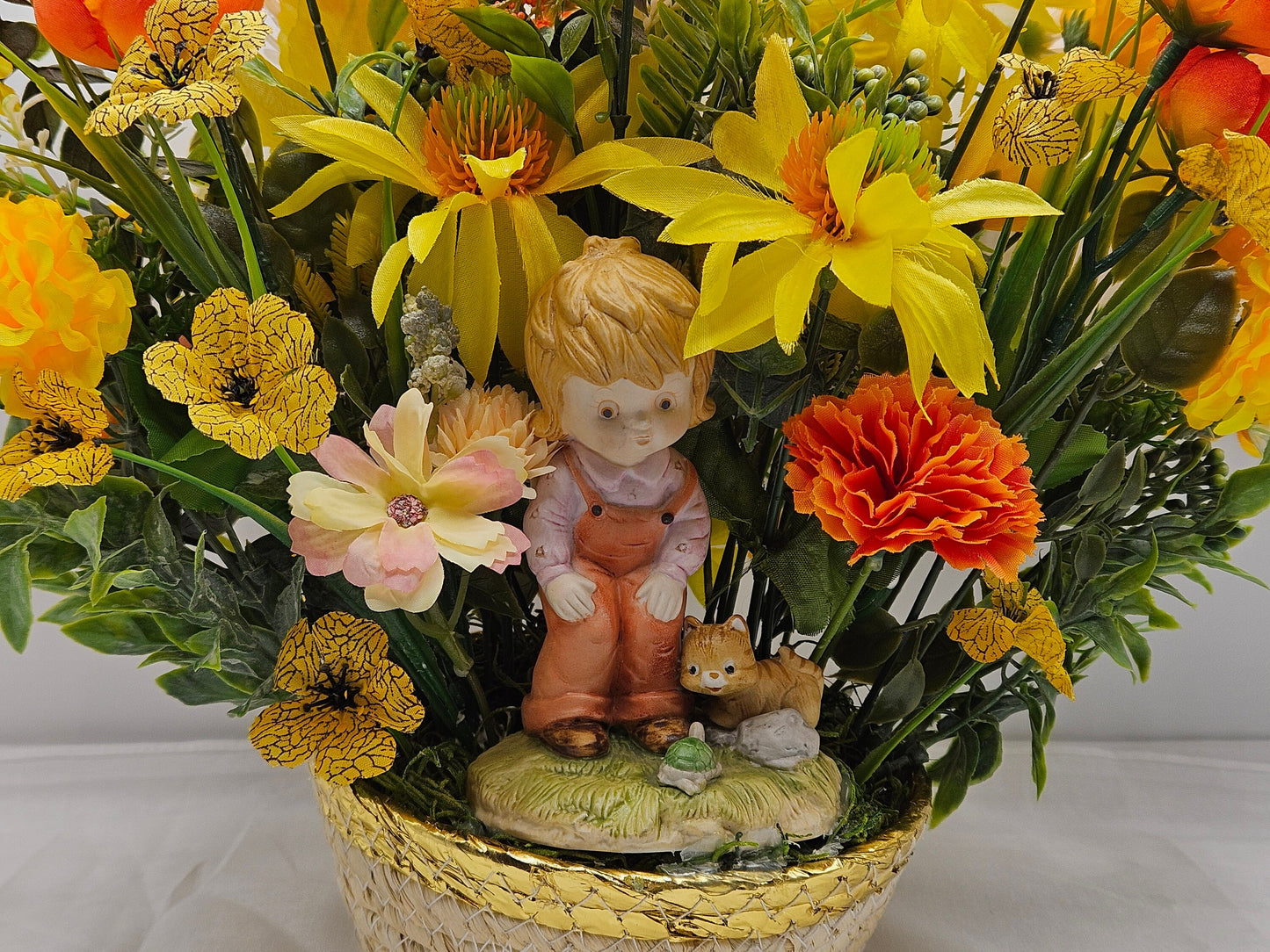 Flower Arrangement Set in Woven Basket, Boy with Cat and Turtle Figurine, Vibrant Yellow/Orange/White Flowers, Home Decor