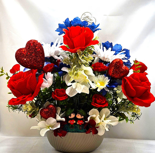 Romantic Flower Arrangement for Military Couple, Grey Plastic Bowl, Artificial Florals, Red Hearts, Love Gift