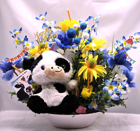 Happy Birthday to "Moo" Cow Lovers Flower Arrangement, Presents/Candles/Balloons/Birthday Sentiments, Blue/Yellow Flowers, Can Personalize