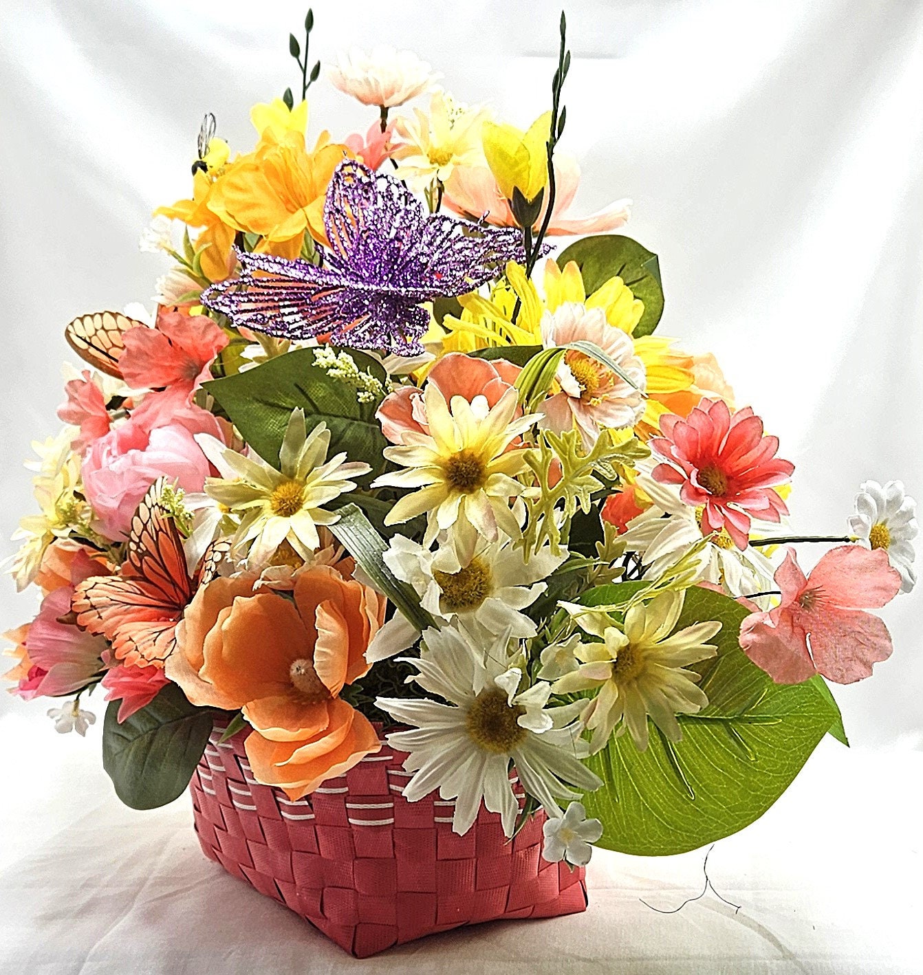 Wildflower Basket with Butterflies, Hot Pink Floral Container, Yellow Flower Basket, Gifts for Flower Lovers