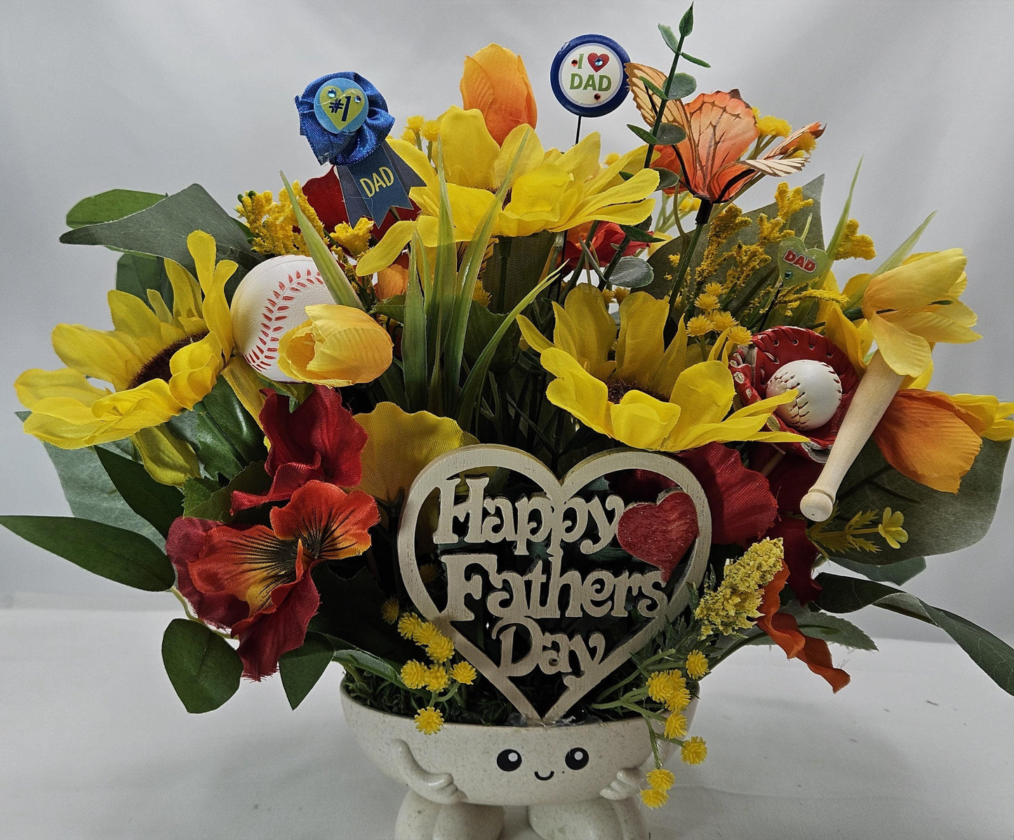 Happy Father's Day Floral Display - Baseball Dad Theme with Rustic Wooden Sign - Unforgettable Dad Gift"