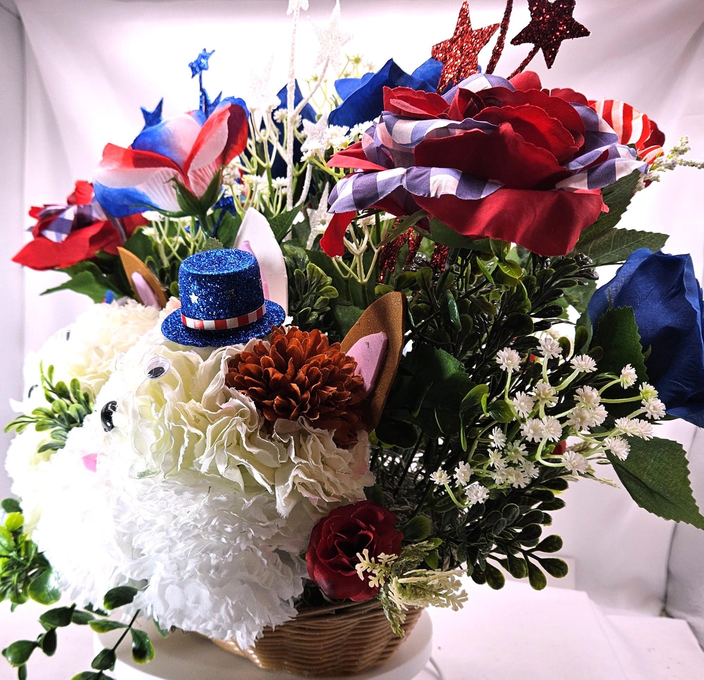 Patriotic Floral Garden Decor, Red White Blue Roses, Carnation Flower Dogs, Sparkly Stars Accents, God Bless America