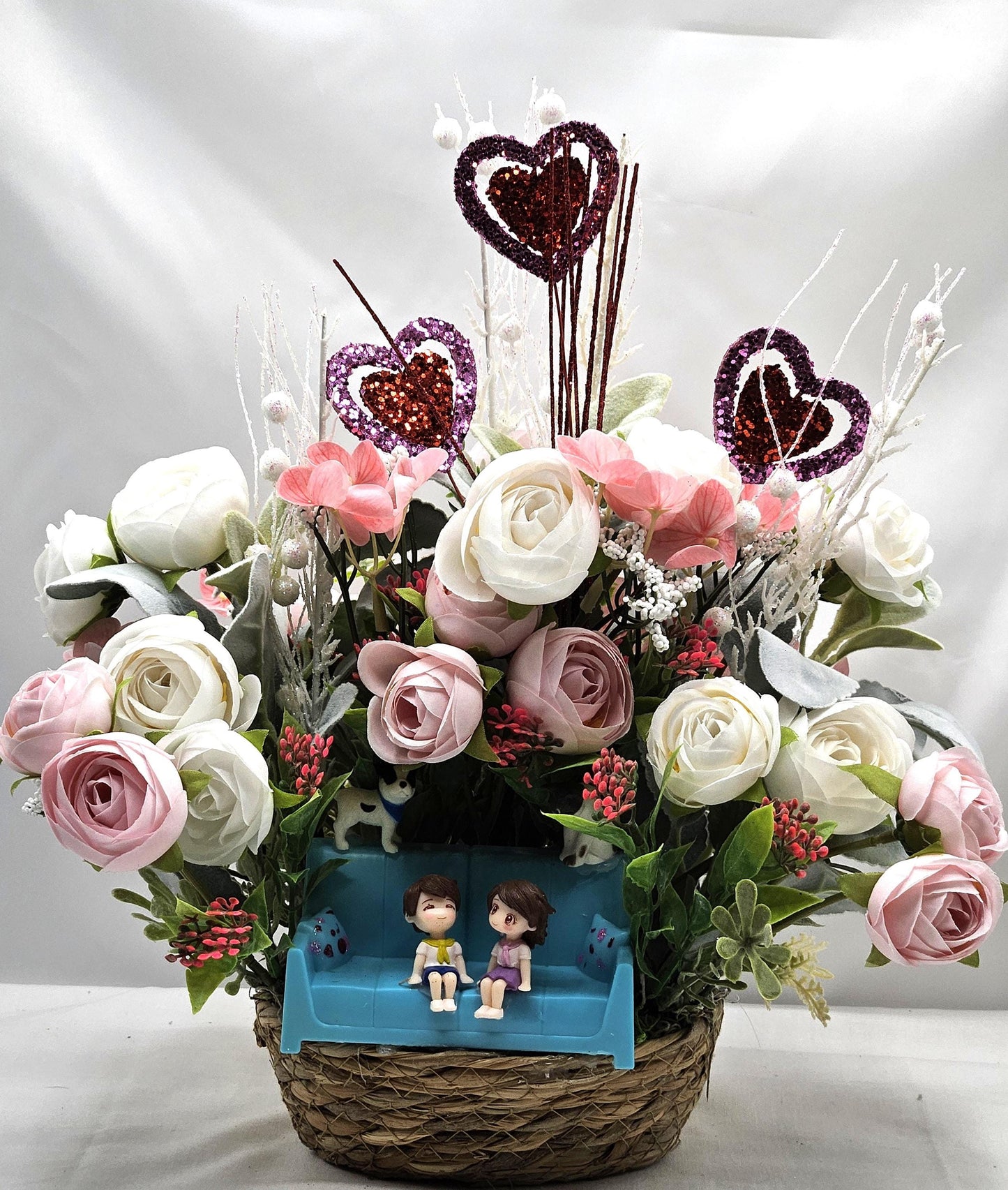 Romantic Couple On Sofa With Puppy And Kitty, Garden Roses, Glittery Hearts, Valentine Gift, I Love You Present