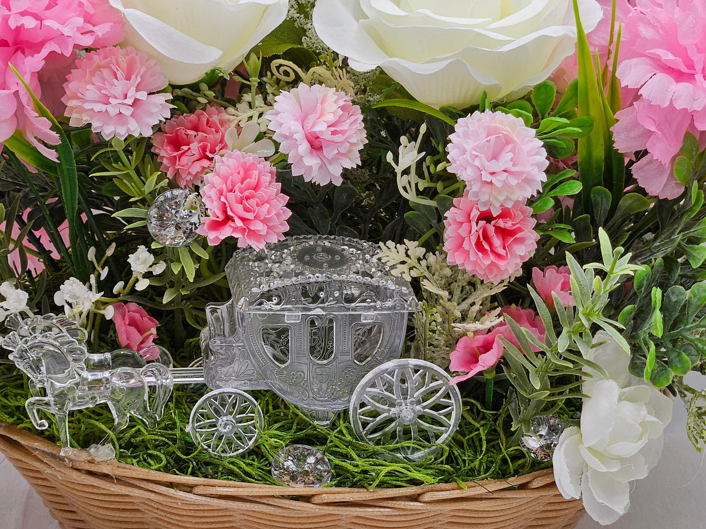 Crystal-Like Horse and Buggy, Princess Carriage, Floral White Roses, Pink Carnations, Sparkle Accents, Bridal Decor
