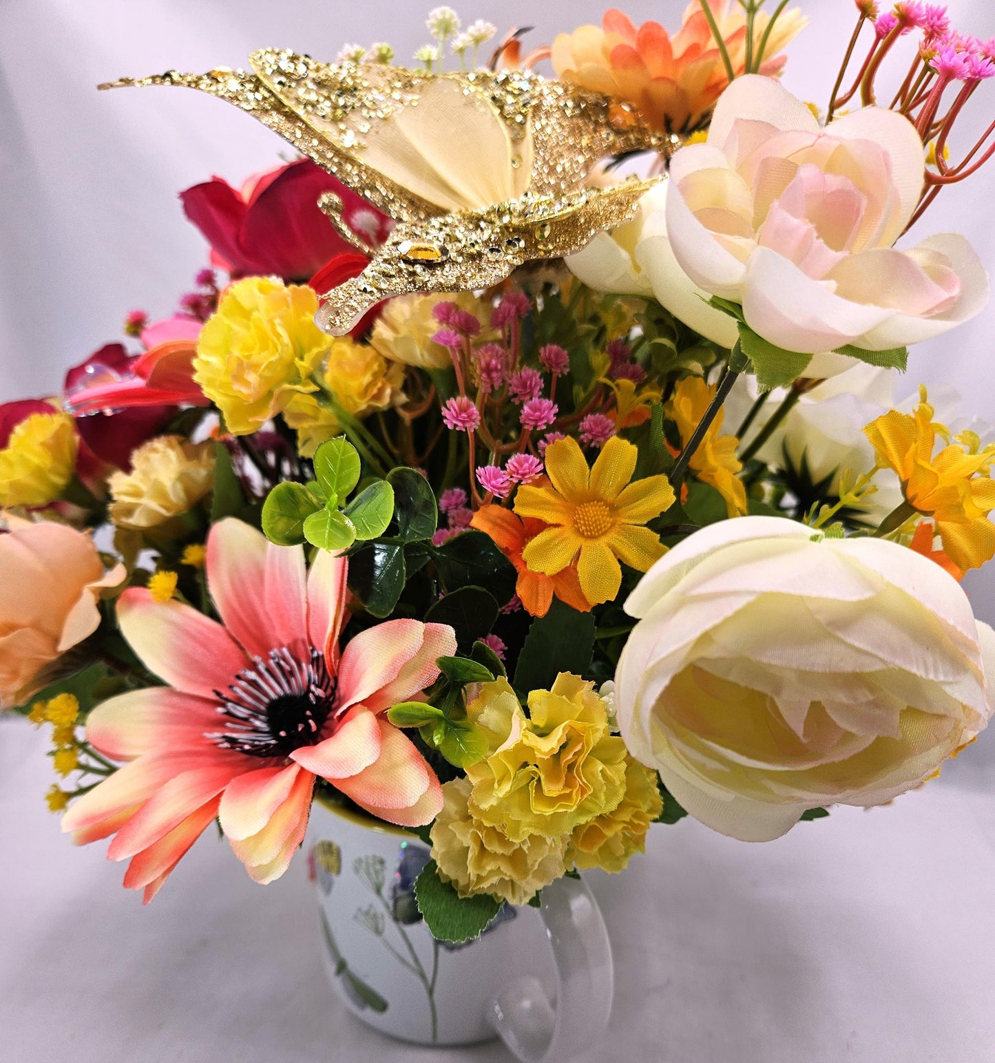 Butterfly Lover's Delight Floral Centerpiece/White Mug Adorned w/MLoths and Butterflies/Large Gold Butterfly Accent/Pink/Yellow/White Floral