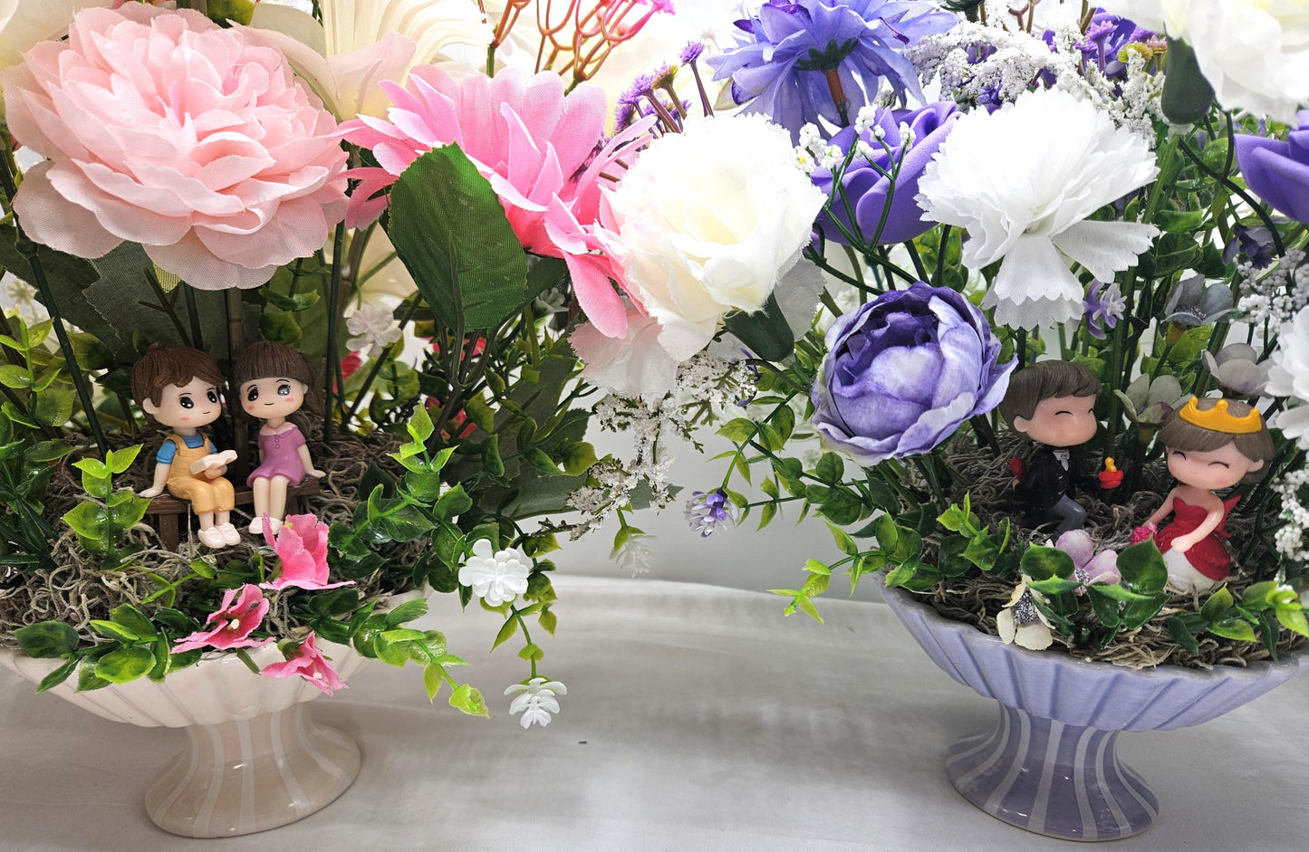 Lovers in a Floral Garden, 2 Options/A Boy's Proposal in Blue/White or Couple Reading in Pink/White/Silk/Foam Roses/Multiple Flowers/Greens