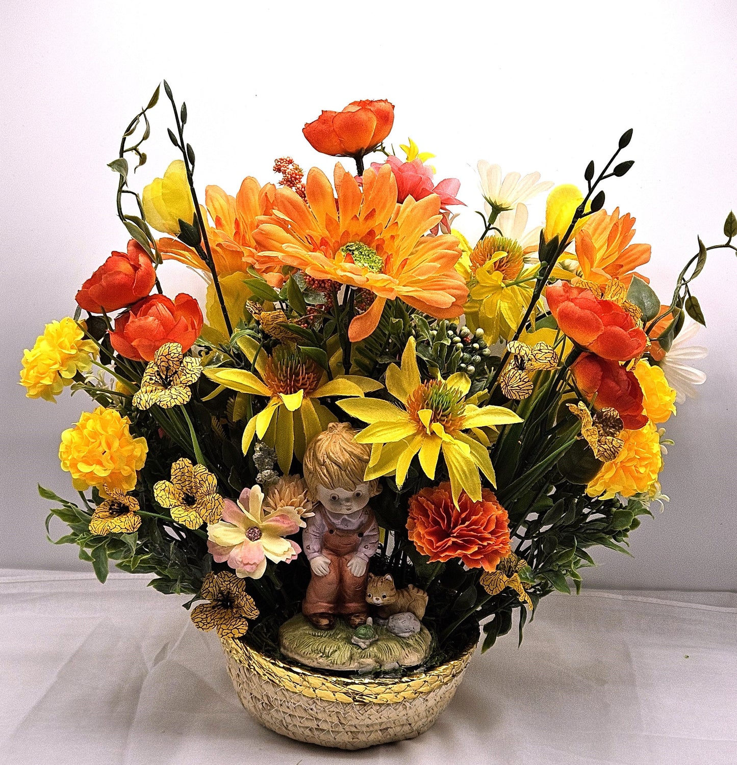 Flower Arrangement Set in Woven Basket, Boy with Cat and Turtle Figurine, Vibrant Yellow/Orange/White Flowers, Home Decor