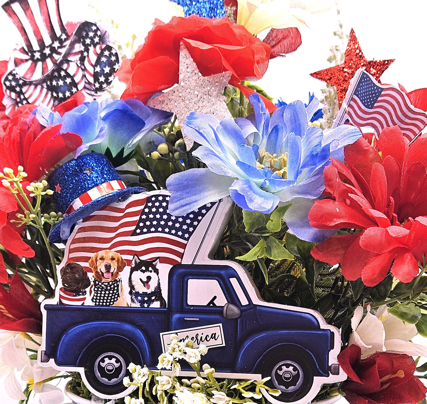 Patriotic Flower Arrangements, Red White Blue Flowers, God Bless America Sign, Celebrate America Decor