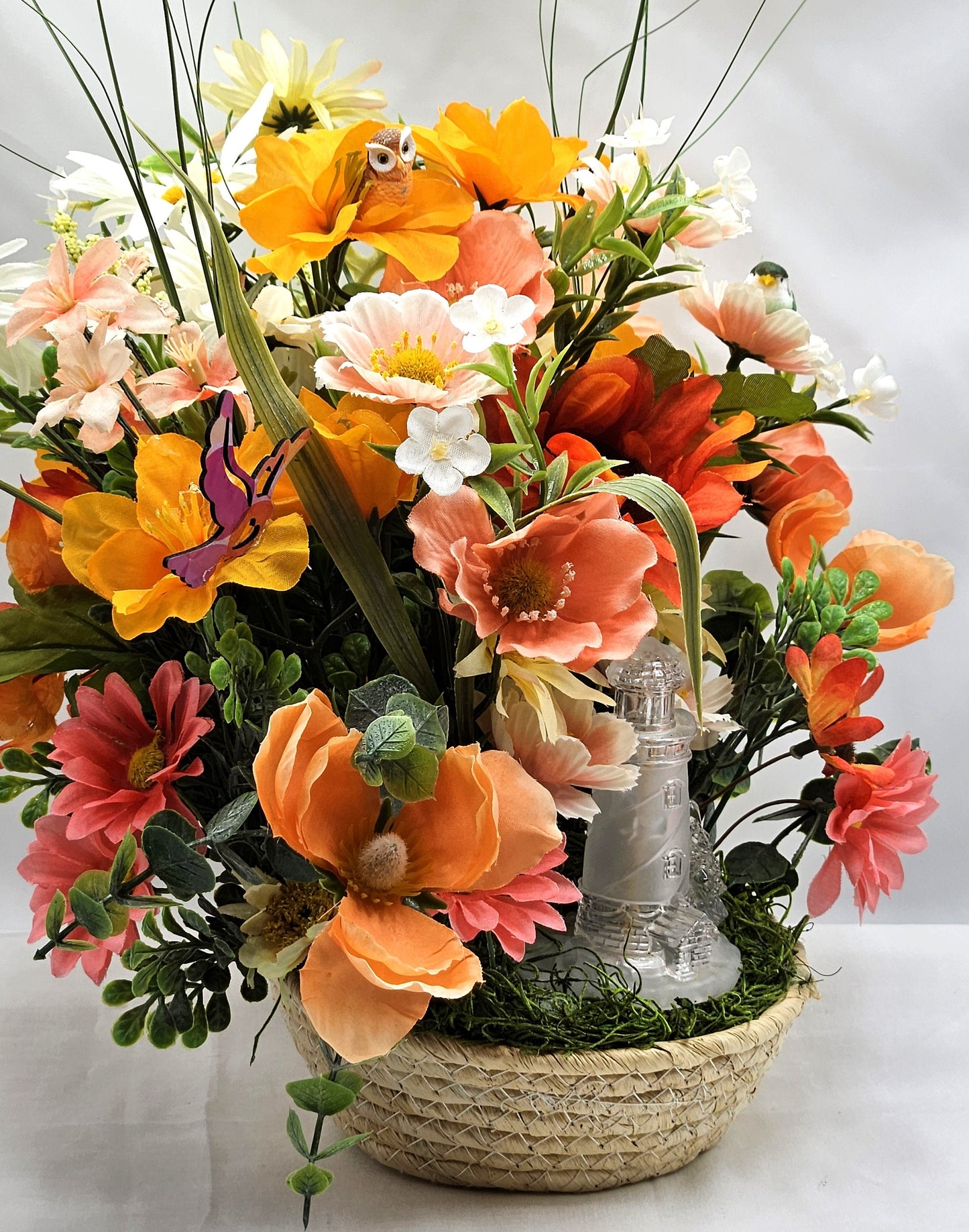 Flower Arrangement featuring a Crystal-Like Lighthouse, Yellow/Peach Wildflowers, Owl/Bird Accents/ Great Tropical Gift or Home Decor