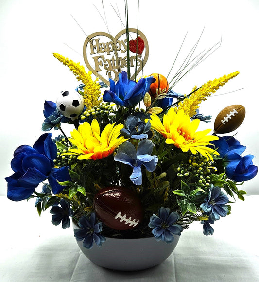 Father's Day Sports Themed Gift - Gray Dish with Wildflowers & Football/Soccer/Basketball - Unique Dad Gift Any Occasion