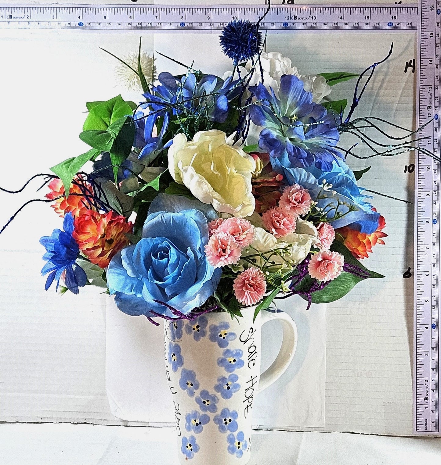 Supportive Cancer Awareness Mug - Beautiful Ceramic with Blue Ribbon & Flower Arrangement, Perfect Gift for Warriors