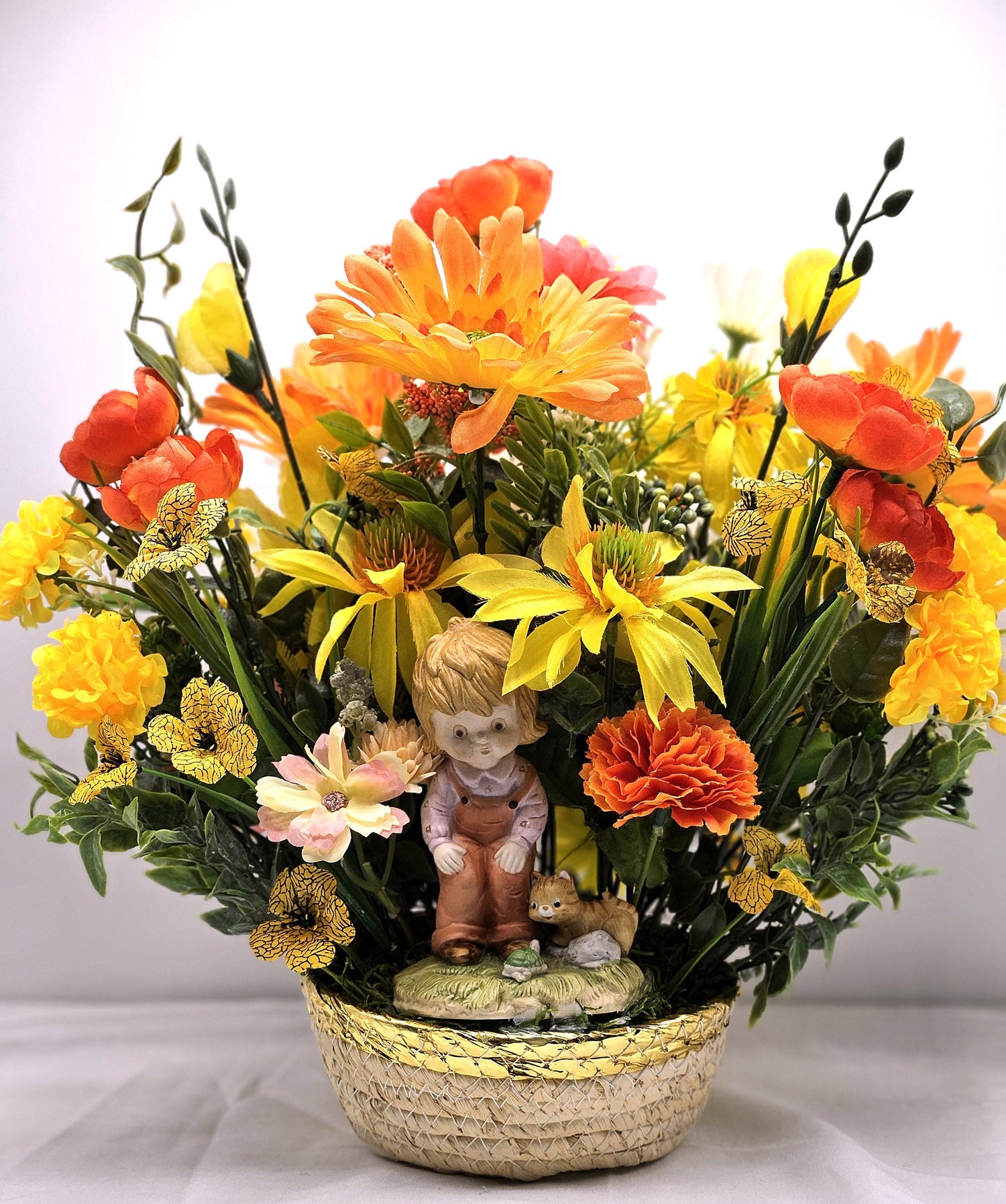 Flower Arrangement Set in Woven Basket, Boy with Cat and Turtle Figurine, Vibrant Yellow/Orange/White Flowers, Home Decor