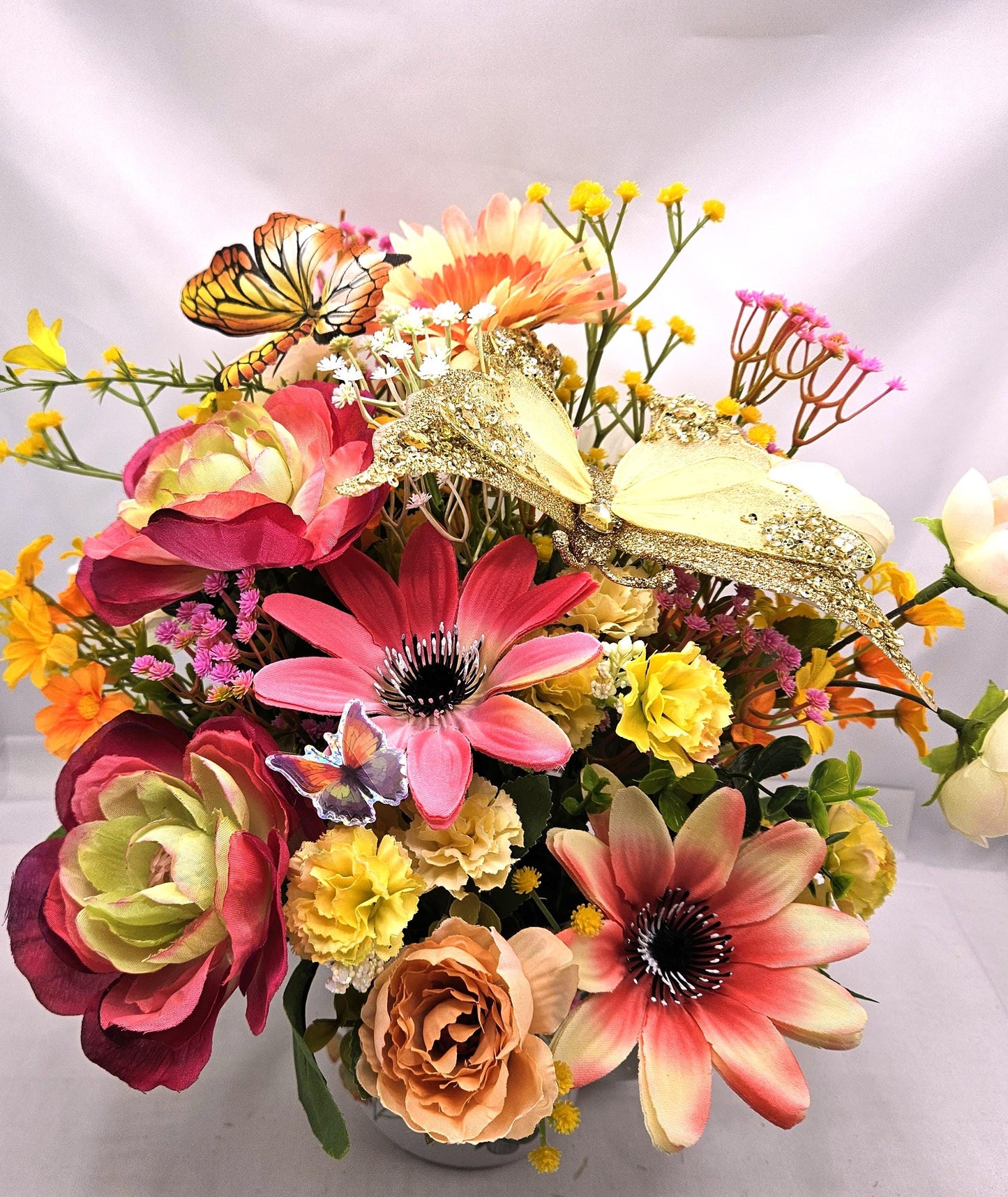 Butterfly Lover's Delight Floral Centerpiece/White Mug Adorned w/MLoths and Butterflies/Large Gold Butterfly Accent/Pink/Yellow/White Floral