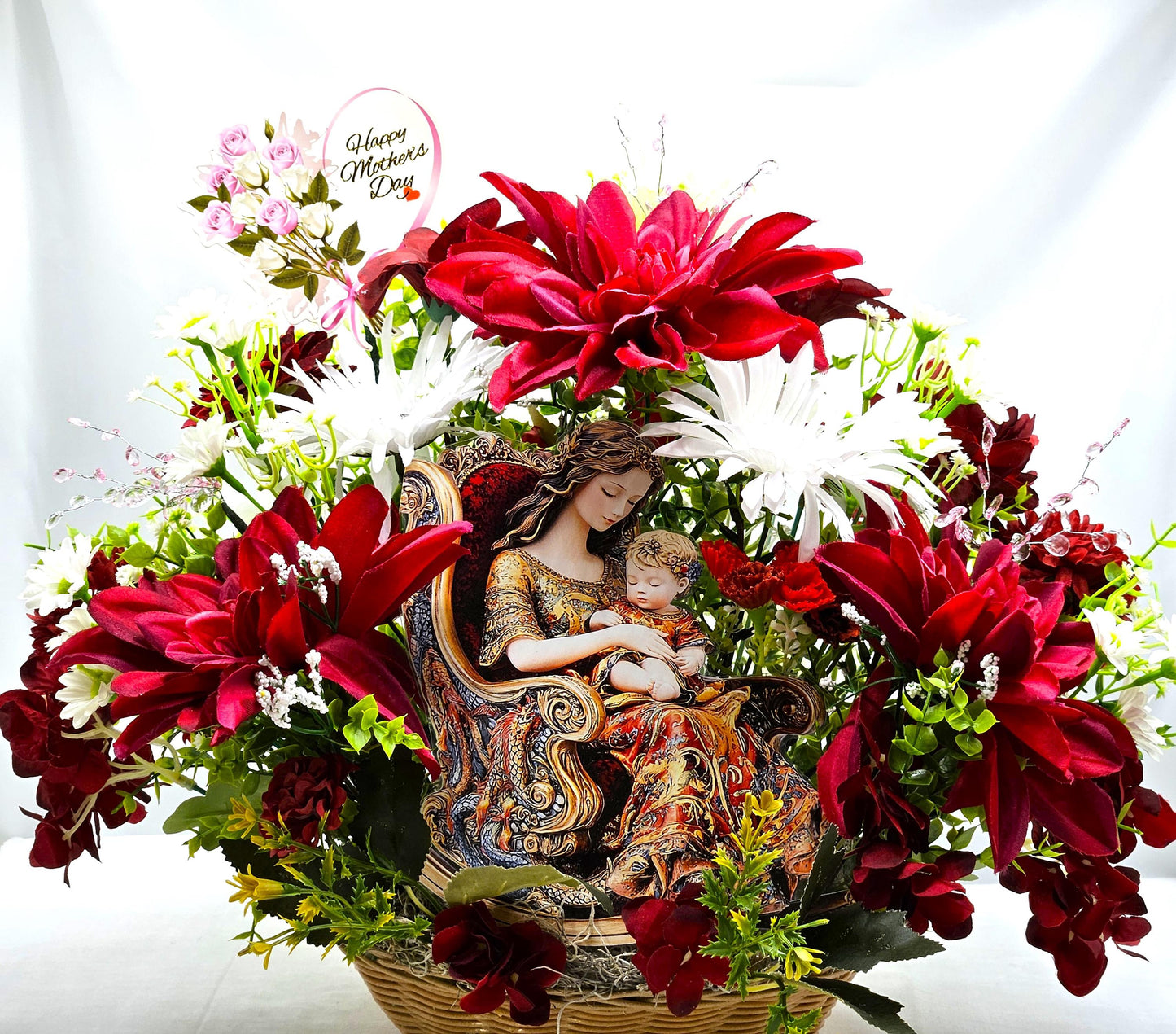 Elegant Floral Mother in Rocker Holding a Child, Vintage Look in Garden of Burgundy and White Flowers/Lush Greenery/Baby's Breath/Gift Idea