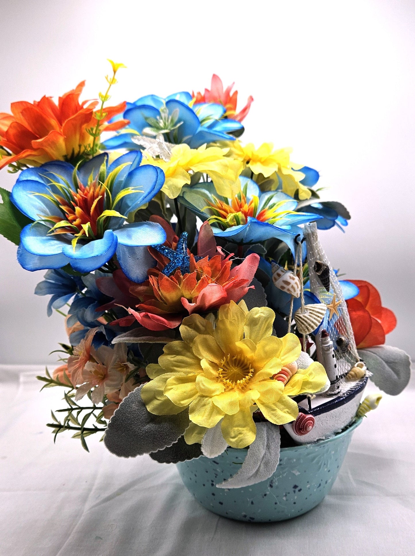 Seaside Serenity Coastal Decor, Sailboat and Lighthouses, Teal/Aqua Flower Arrangement, Beach Lover Gift, Sea Life Decor