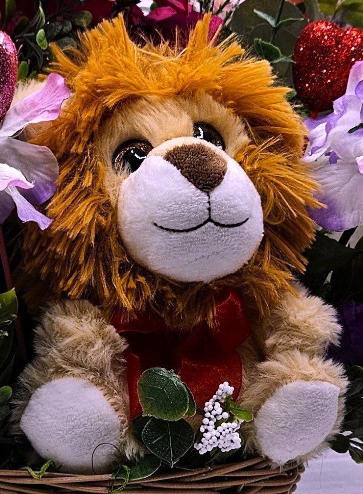 Romantic Lion Love - Cute Lion Romantic Flower Arrangement with Pink and Lilac Flowers, Glittery Hearts, and Cheery Stuffed Lion