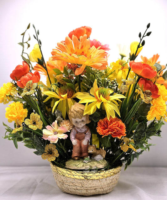 Flower Arrangement Set in Woven Basket, Boy with Cat and Turtle Figurine, Vibrant Yellow/Orange/White Flowers, Home Decor
