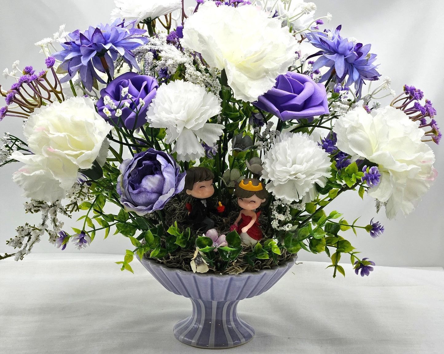 Lovers in a Floral Garden, 2 Options/A Boy's Proposal in Blue/White or Couple Reading in Pink/White/Silk/Foam Roses/Multiple Flowers/Greens