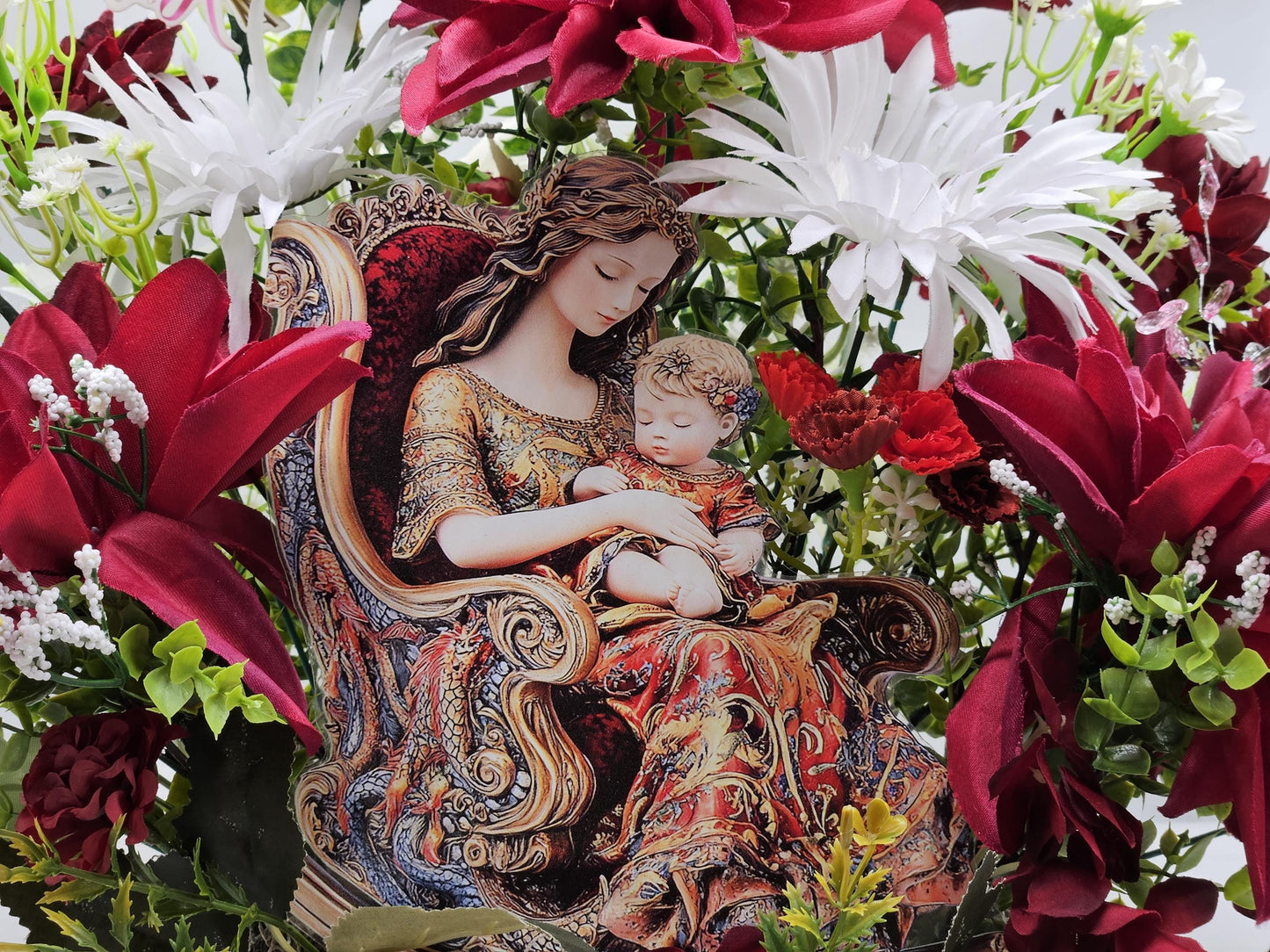 Elegant Floral Mother in Rocker Holding a Child, Vintage Look in Garden of Burgundy and White Flowers/Lush Greenery/Baby's Breath/Gift Idea