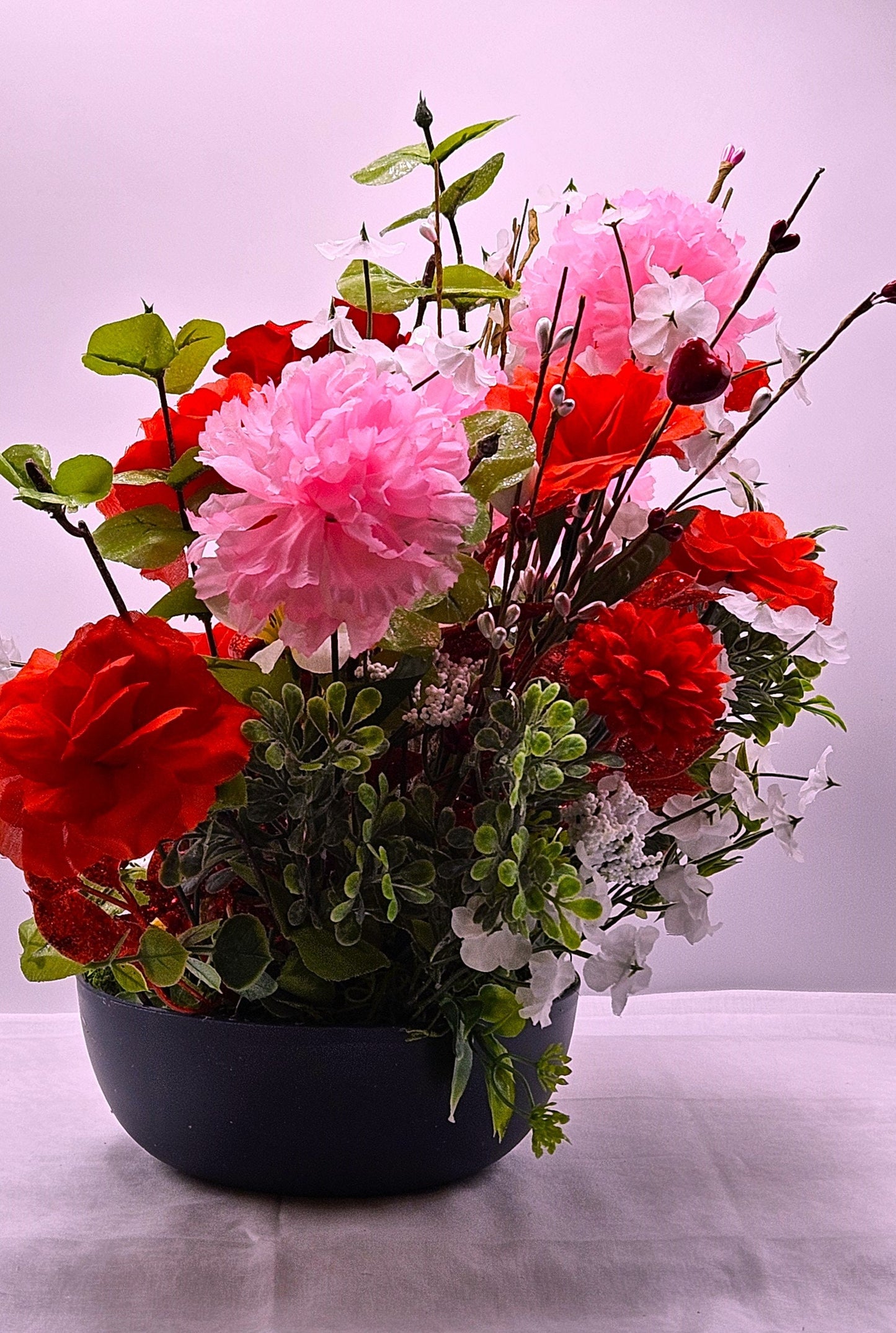 Romantic Centerpiece Sweetheart Bears, Bear Figures with Red Roses, Pink Carnations, Valentine's Gift