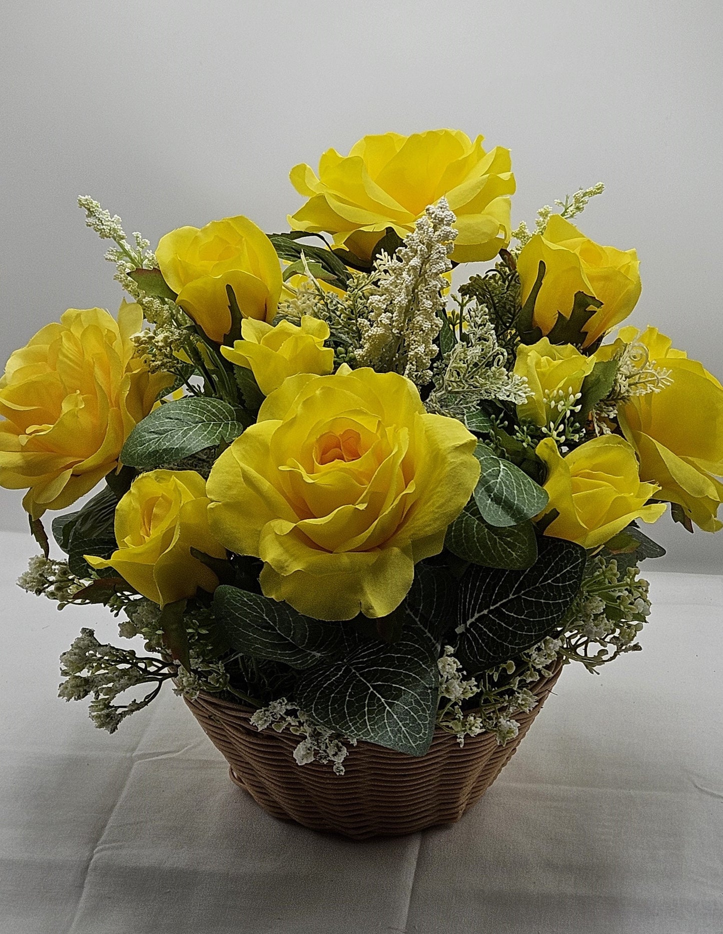 Floral Elegance for Mom - Yellow Roses and Baby's Breath Centerpiece, Ideal Mother's Day Gift for Home