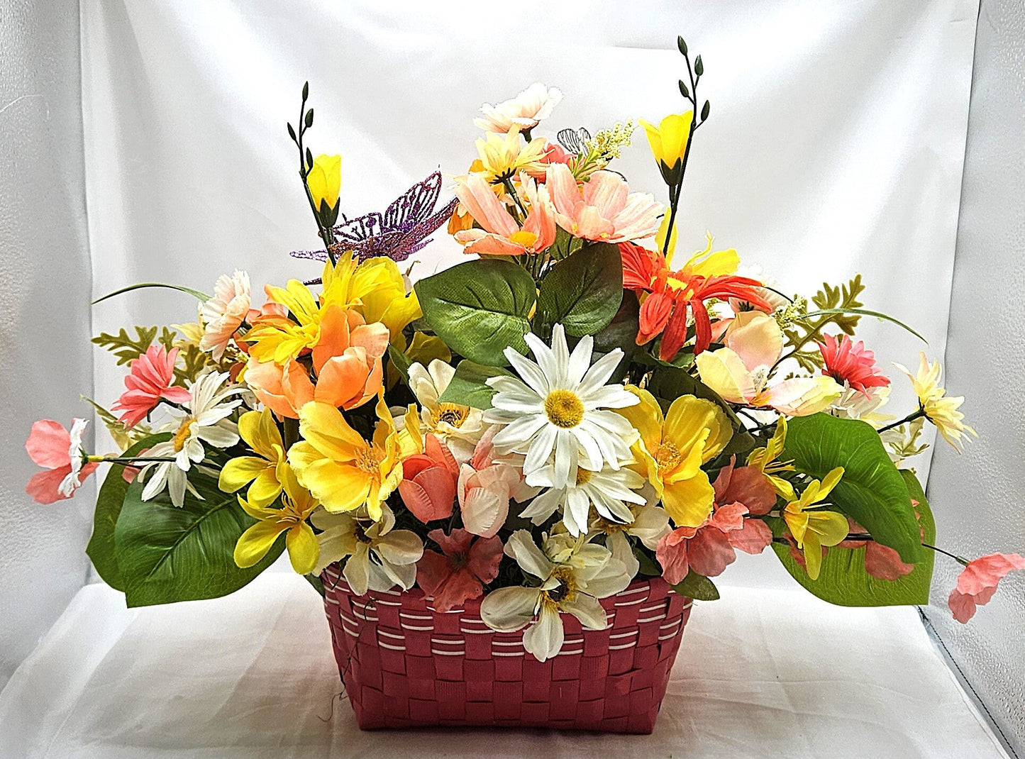Wildflower Basket with Butterflies, Hot Pink Floral Container, Yellow Flower Basket, Gifts for Flower Lovers