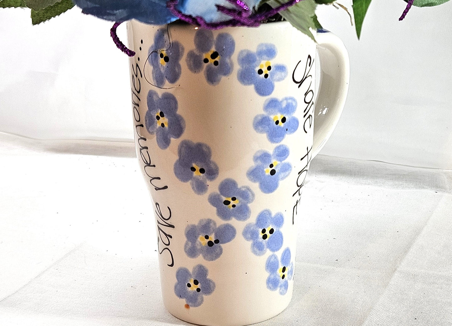 Supportive Cancer Awareness Mug - Beautiful Ceramic with Blue Ribbon & Flower Arrangement, Perfect Gift for Warriors