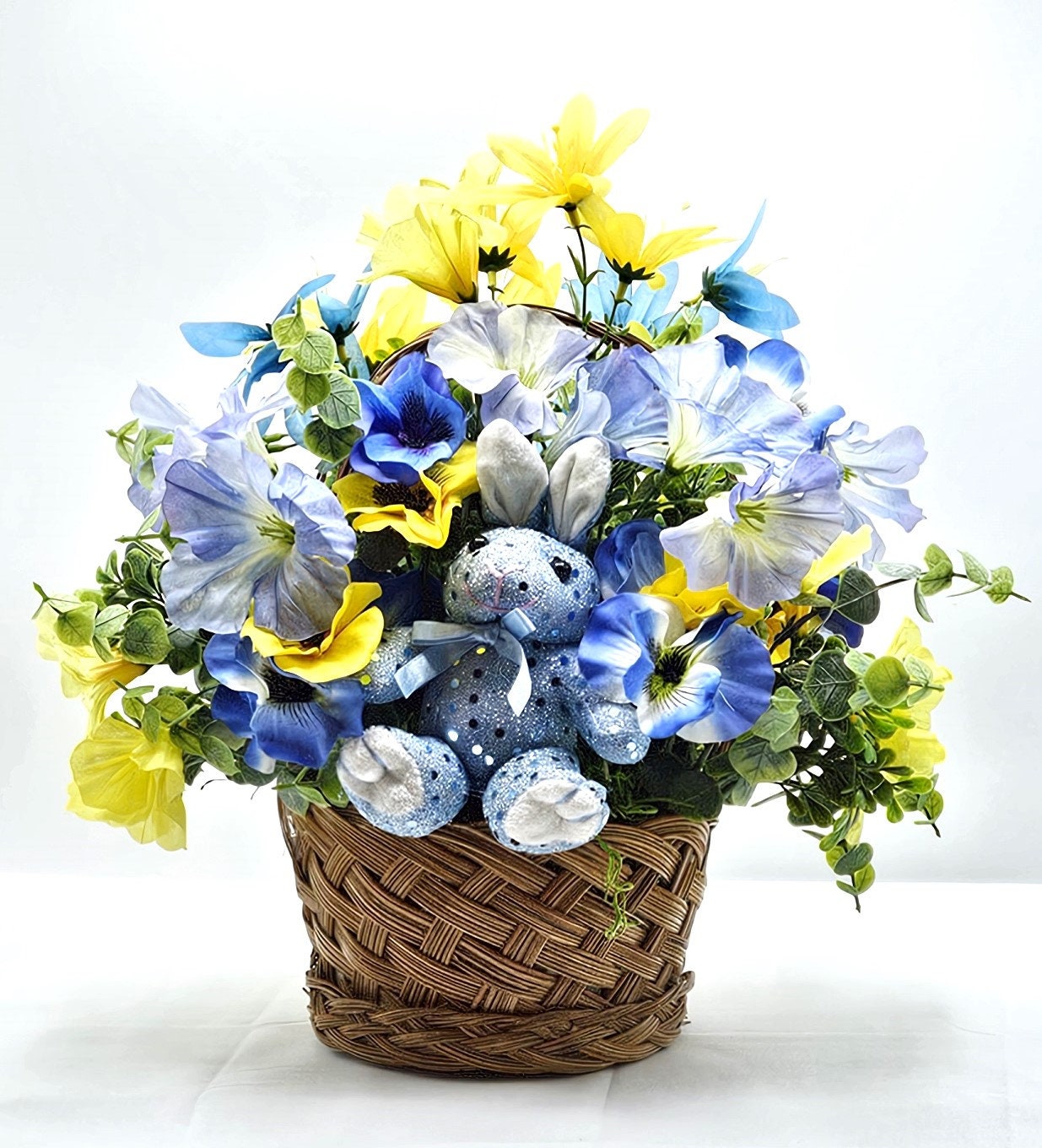 Blue Rabbit In Blue Handmade Spring Flowers Arrangement, Summer Flower Decor, Natural Wicker Basket, Glittery Flowers, Yellow Lilies decor