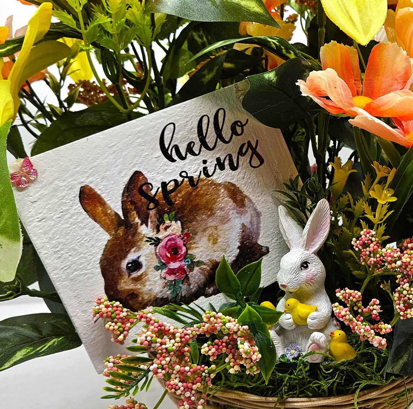 Hello Spring Flower Arrangement Featuring Cute Bunnies Amidst Daffodils, Cosmos, Peonies and Other Spring Flowers and Greenery