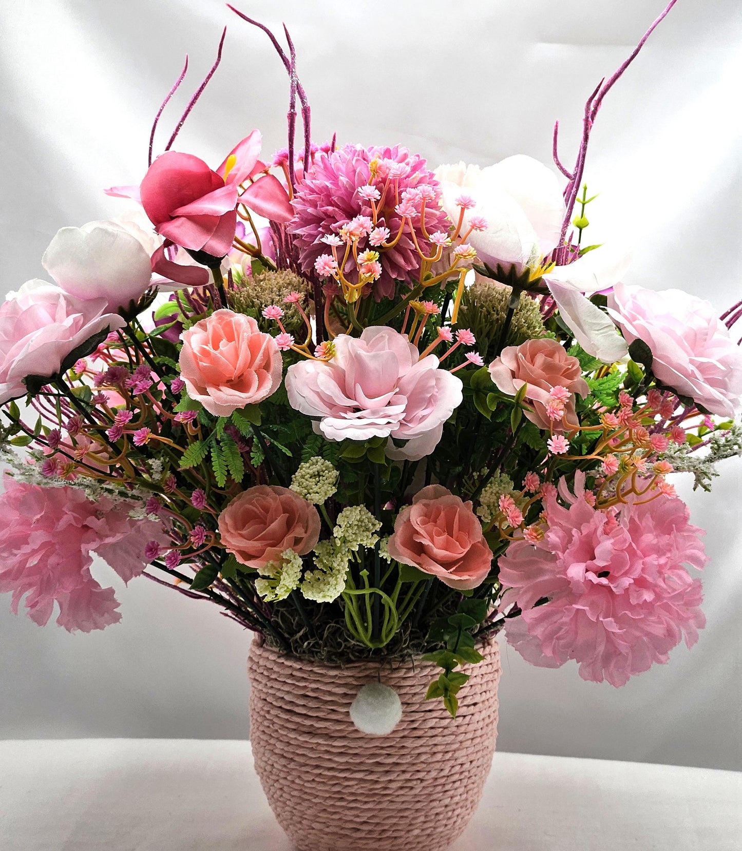 Easter Basket Gifts in 3 Colors, Pink/Yellow/Aqua, Each with a Bunny Accent, colorful Flowers, Lots of Glitter and Greenery, Great Gift Idea