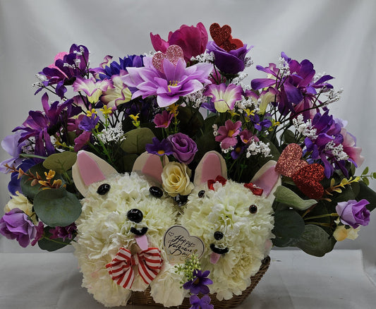 Handmade Carnation Dog Couple, Lilac Purple Pink Flowers, Greenery, Hearts, Valentine Sign, Sweetheart Gift
