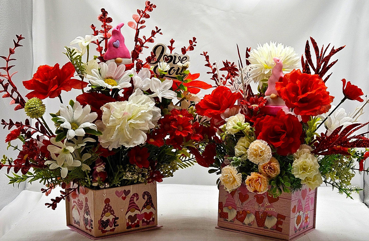 Gnome Heart Romance, Floral Arrangement in Decorated box w/lid, Two Options, Red Carnations/White Roses or Red Roses/White Carnations /Love