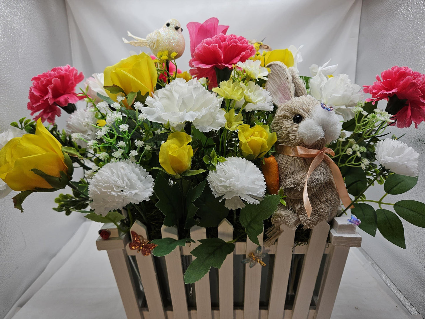 Spring/Summer Floral in Picket-Fence Look Flower Pot/with Bunny/Butterflies/Bee/Birds/Roses/Carnations/Other Vibrant Flowers/Greens
