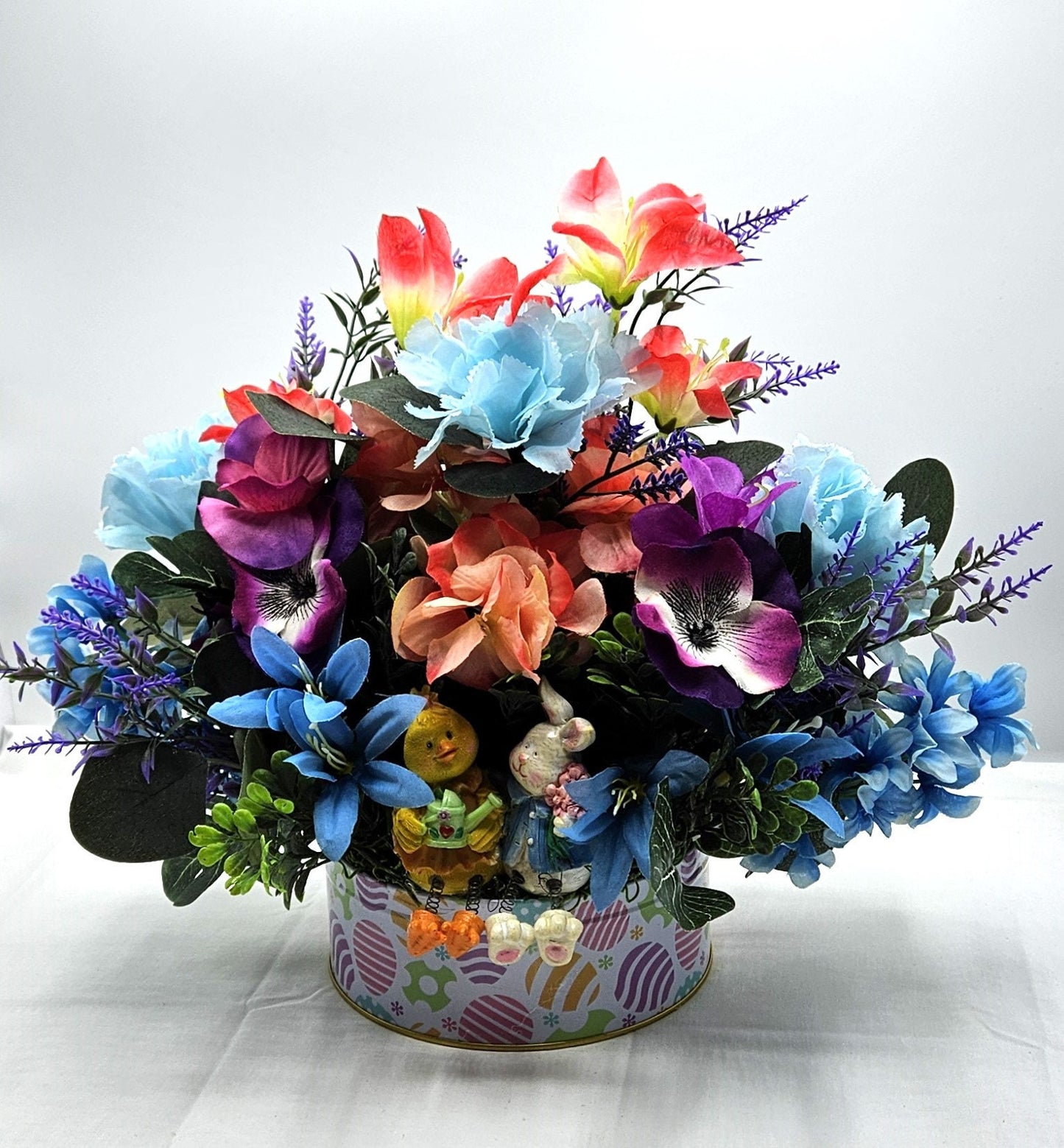 Egg Decorated Tin of Spring Pastel Flowers with Easter Chick and Bunny - Easter Table Centerpiece or Gift