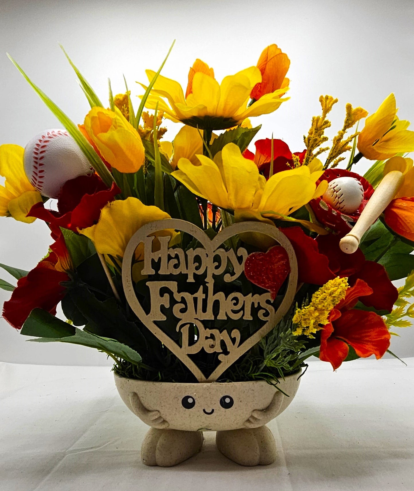 Happy Father's Day Floral Display - Baseball Dad Theme with Rustic Wooden Sign - Unforgettable Dad Gift"