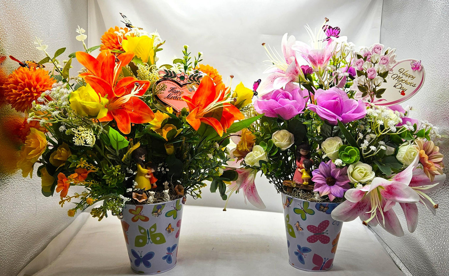 Love To Mom, Happy Mother's Day, I Love You Mom Floral Arrangement/Gift, 2 Options/Mother And Child/ Orange/Yellow Or Pink/Purple Florals