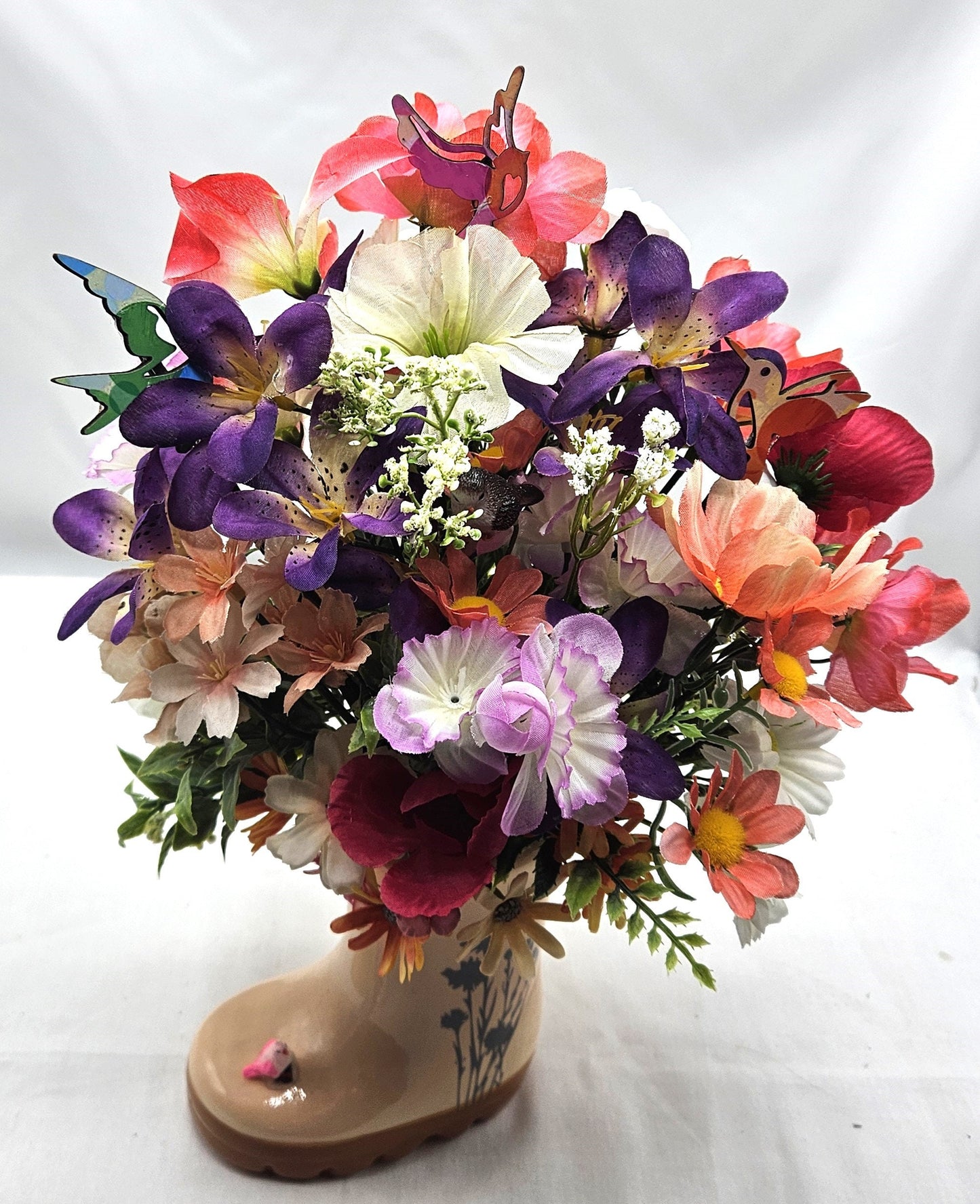 Handcrafted Rain Boot Floral Arrangement with Bird, Two Options, Spring Lover Gift, Mixed Spring Flowers