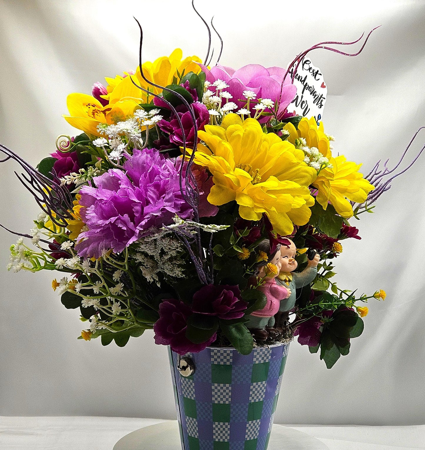 For The Special Grandma and Grandpa/Floral Design in Simple Blue Pail/Grandparents Figures at the Front of Colorful Yellow/Pink Flowers Plus