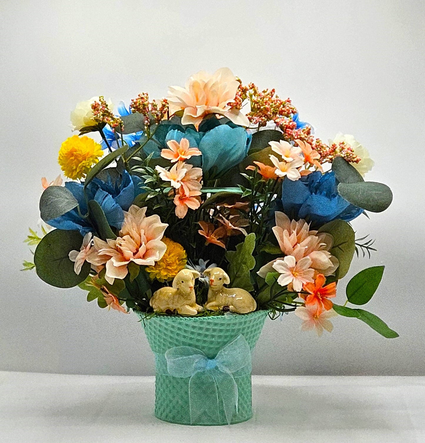 Charming Aqua Blue Metal Basket, Adorable Lambs Featuring, Pastel Spring Flowers, Sheer Ribbon Accent, Easter Decor