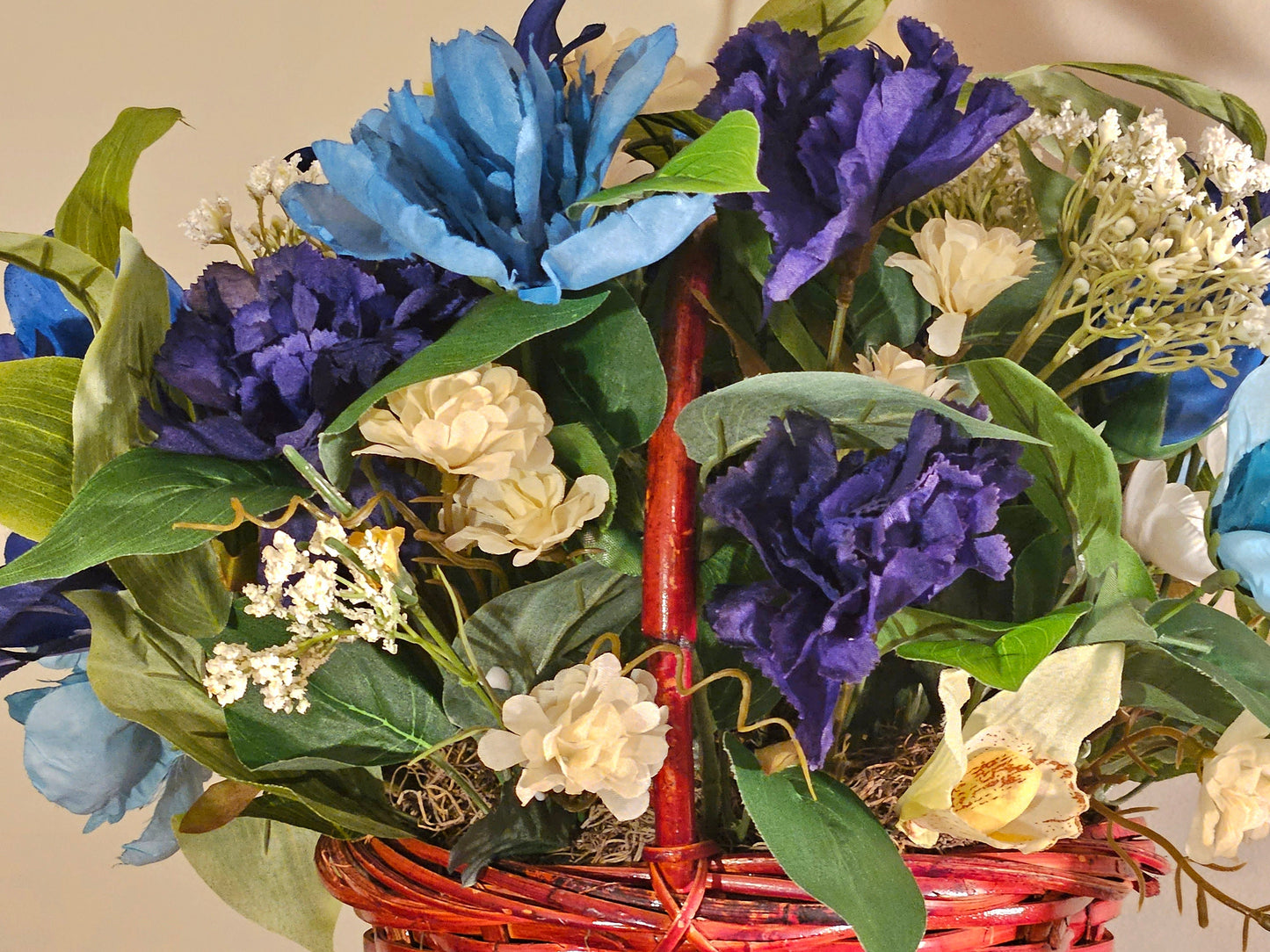 Charming Blue Artificial Flower Basket, Silk Floral Decor, White Accents, Unique Gift for Her, Wedding Decor