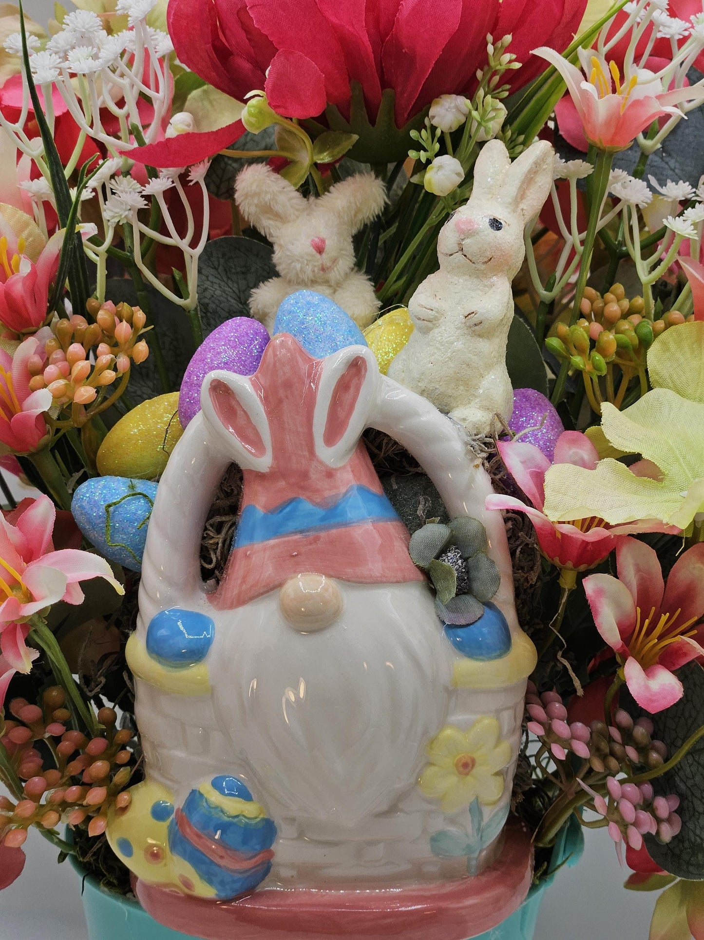 Bunny Gnome in Ceramic Basket within Floral Arrangment of Pink/Green Hydragena, Babys Breath, Easter Eggs, Holiday Accents/Blue Plastic Pail