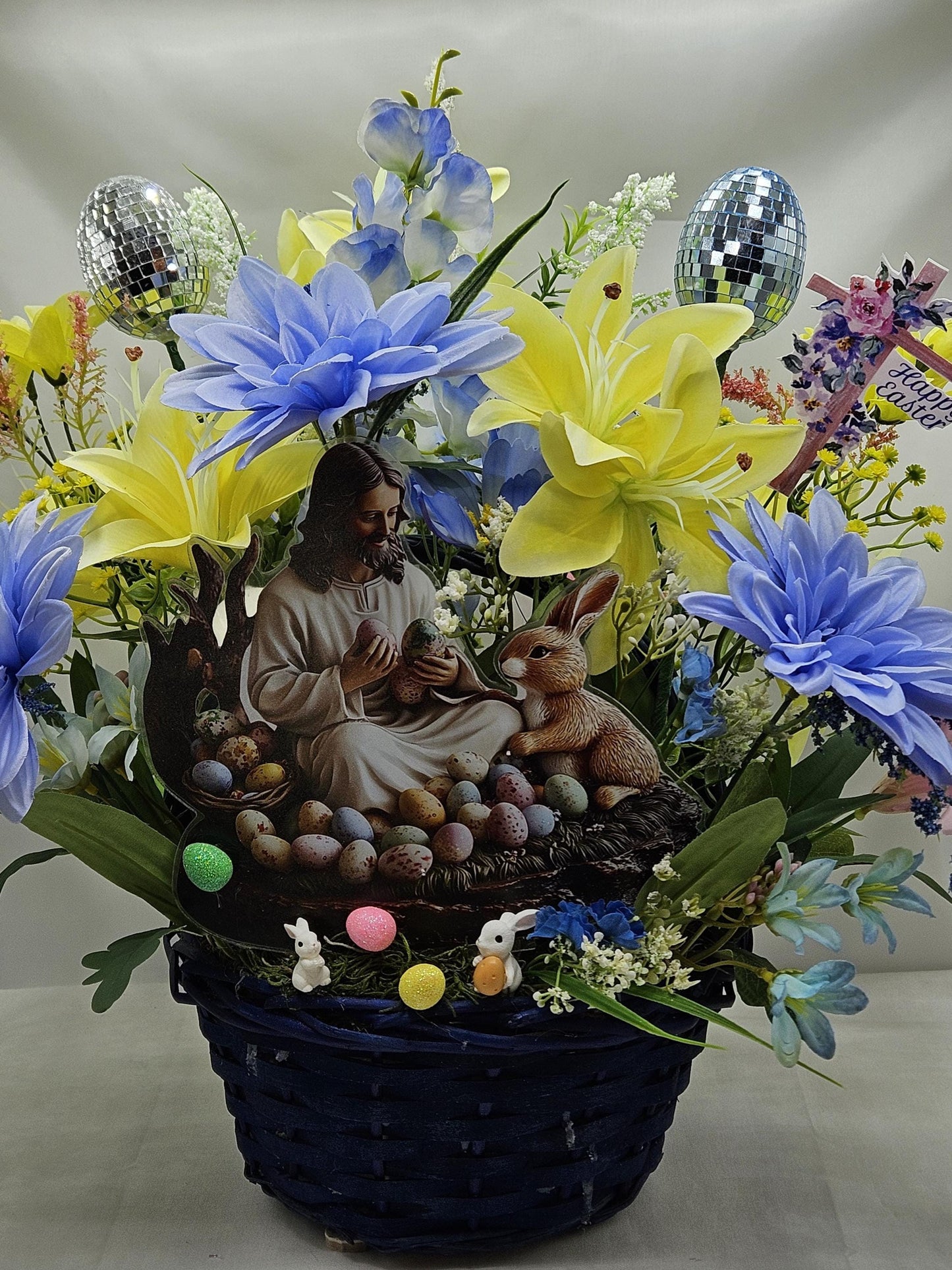 Jesus Sitting with Bunny in Easter Egg Garden and Blue/Yellow Spring Flowers/Other Egg and Bunny Accents, Happy Easter Sign