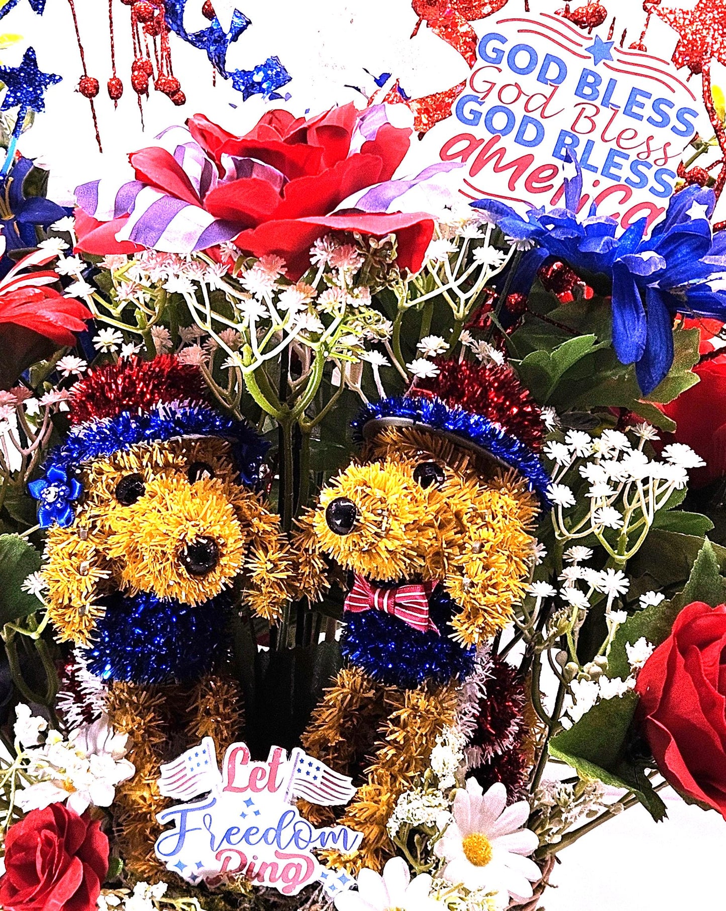 Patriotic American Dog Garden Decor with Red White Blue Roses, Baby’s Breath & Sparkly Stars – USA Outdoor Decoration