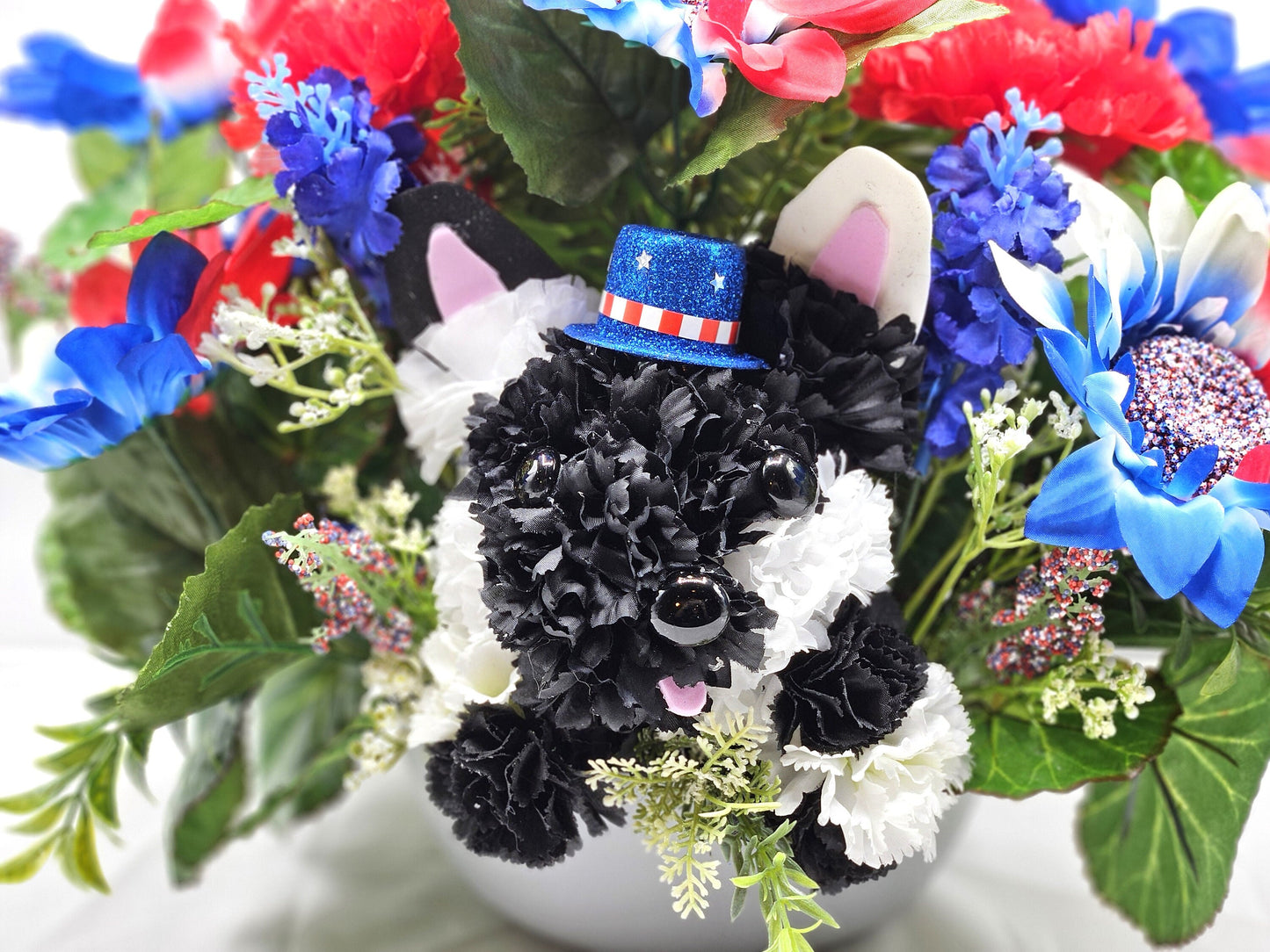 Black and White Silk Carnation Flower Dog Decor, Red/White/Blue Floral Garden, Patriotic Gift, Dog Lover Decor