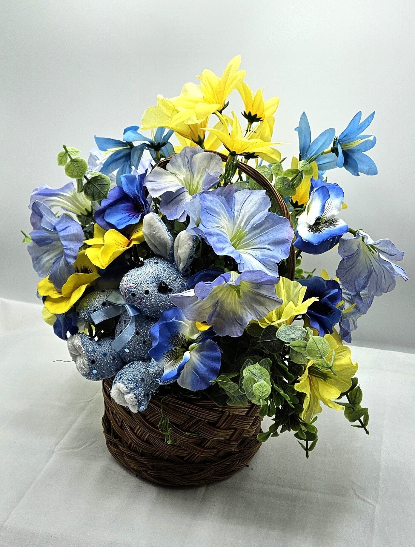 Blue Rabbit In Blue Handmade Spring Flowers Arrangement, Summer Flower Decor, Natural Wicker Basket, Glittery Flowers, Yellow Lilies decor