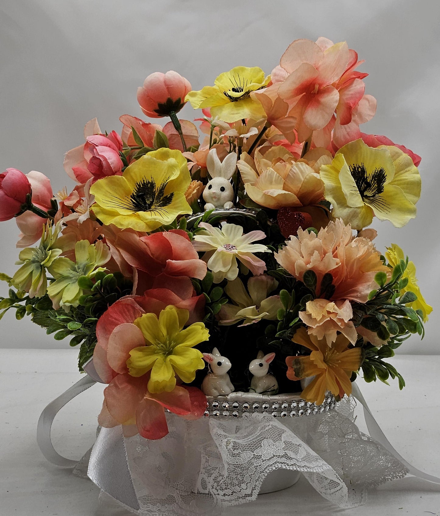 Silk Flowers/Small Satin/Lace Baskets/2 Options/Bunnies w/Peach/Yellow or Peach/Blue Pansies/Roses/Other Flowers/Greenery.Crystals/Pearls/