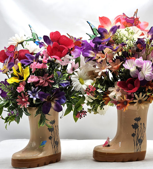 Handcrafted Rain Boot Floral Arrangement with Bird, Two Options, Spring Lover Gift, Mixed Spring Flowers
