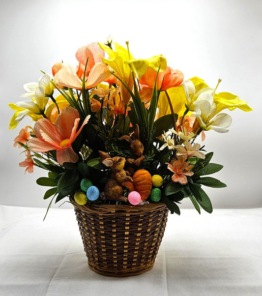 Charming Spring/Summer Flower Arrangement in Wicker Basket with Ceramic Bunnies with Carrot, Glitter, Pastel Flowers