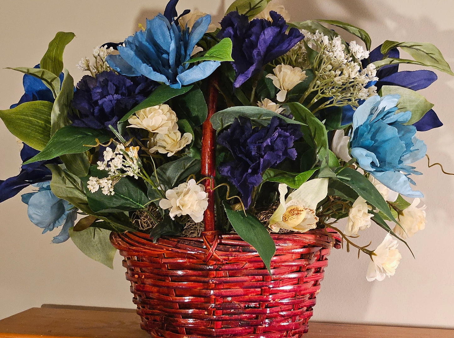 Charming Blue Artificial Flower Basket, Silk Floral Decor, White Accents, Unique Gift for Her, Wedding Decor
