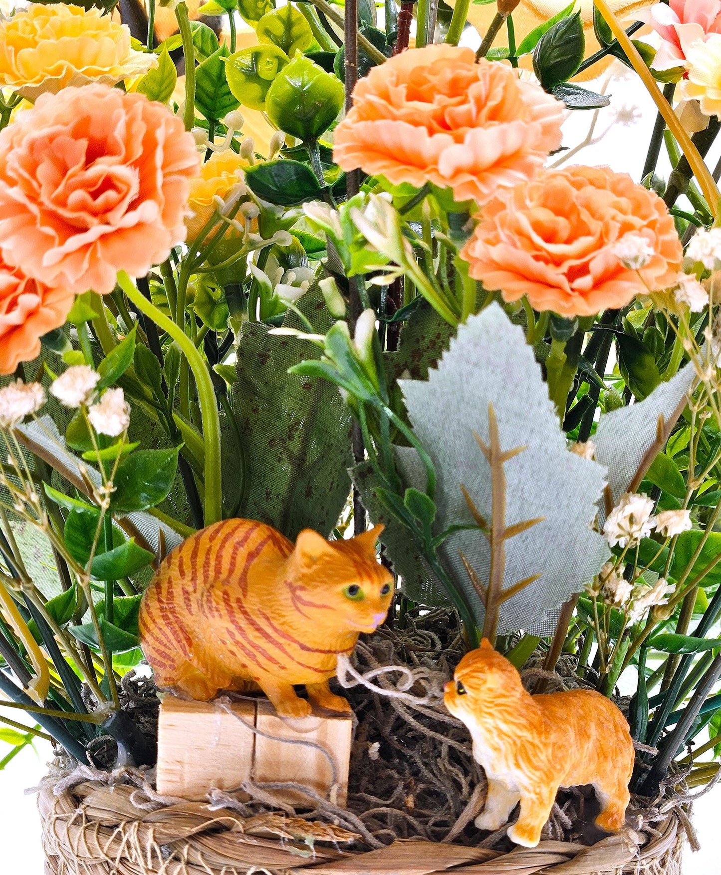 A Purr-fectly Stunning Floral Arrangement w/2 Tabby Tan Cats at the Front of Tan Magnolias/White Roses/Other Florals/Baby's Breath
